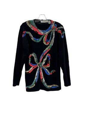 Vintage Valerie Stevens M Festive Bow Sweater Beaded Sequin Lambswool Angora
